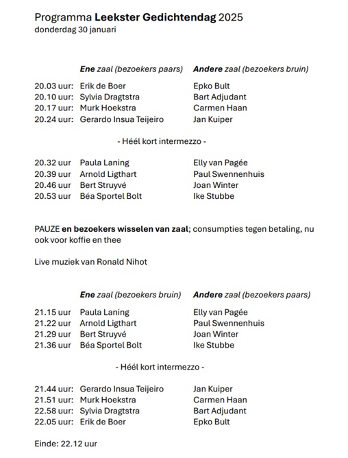 Het programma van de Leekster Gedichtendag op donderdag 30 januari 2025