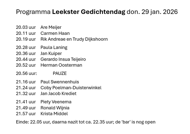 Het programma van de Leekster Gedichtendag op donderdag 29 januari 2026